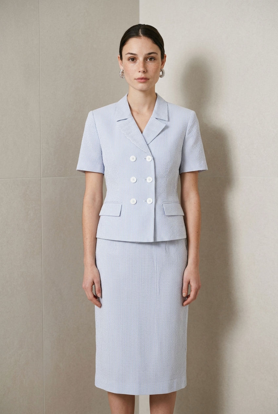 Kasper for A.S.L. Vintage Striped Short Sleeve Double-Breasted Blazer and Skirt